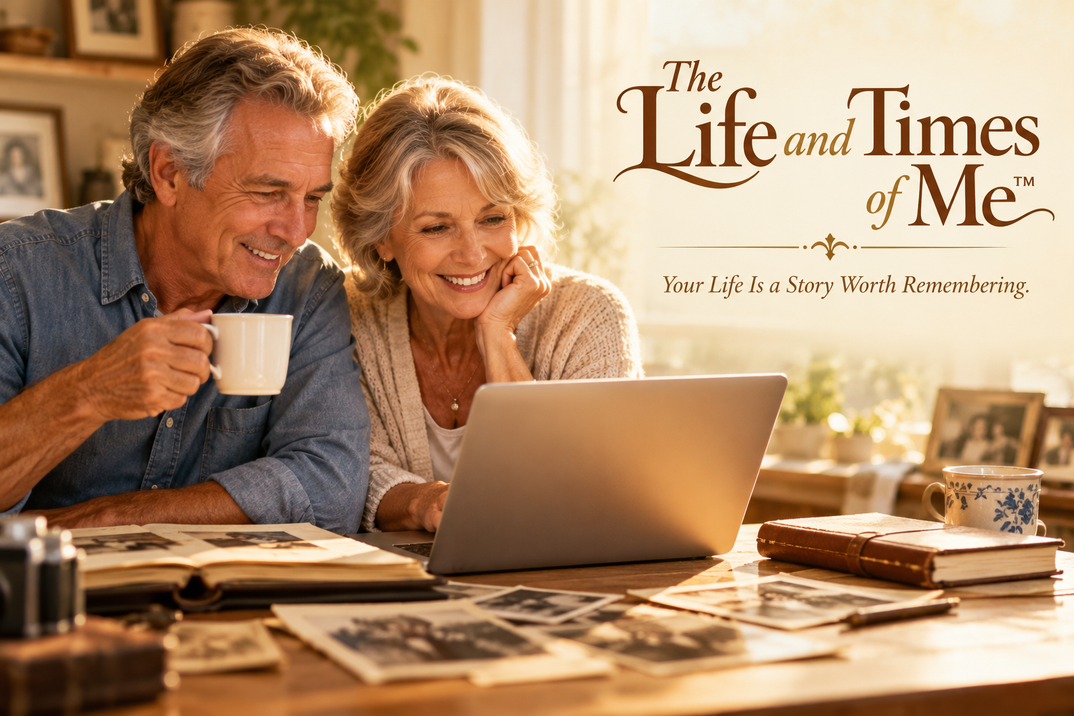An older husband and wife sitting together at a laptop, with The Life and Times of Me™ and Your Life Is a Story Worth Remembering. incorporated into the image.